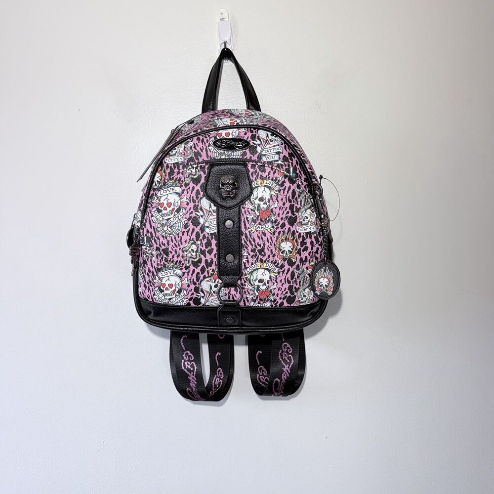 Ed Hardy Adjustable Pink Leopard Print Traditional Skulls Backpack Purse NWT